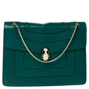 Pre Owned Bvlgari Green Leather Large Serpenti Forever Shoulder Bag