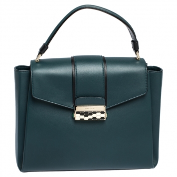 Pre Owned Bvlgari Green/Black Leather Medium Serpenti Viper Top Handle Bag