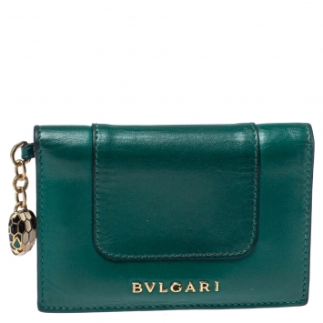 Pre Owned Bvlgari Green Leather Serpenti Forever Bifold Card Holder
