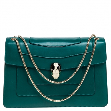 Pre Owned Bvlgari Green Leather Medium Serpenti Forever Flap Shoulder Bag