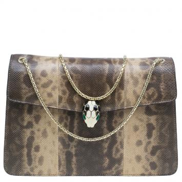 Pre Owned Bvlgari Brown/Beige Python Medium Serpenti Flap Shoulder Bag