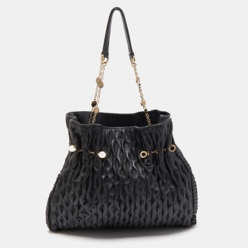 Pre Owned Bvlgari Black Leather Pleated Twit Tote