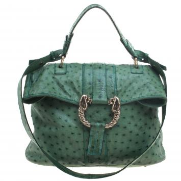 Pre Owned Bvlgari Green Ostrich Skin Leoni Shoulder Bag