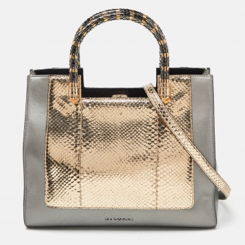 Pre Owned Bvlgari Gold/Grey Python and Leather Serpenti Scaglie Tote