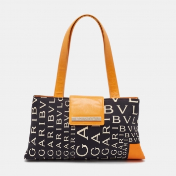 Pre Owned Bvlgari Black/Orange Printed Fabric and Leather Small Tote
