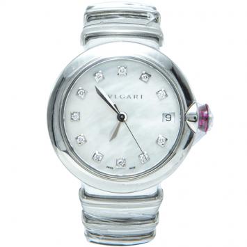 Pre Owned Bvlgari White Mother Of Pearl & Steel Lvcea Diamond Women's Watch 33MM