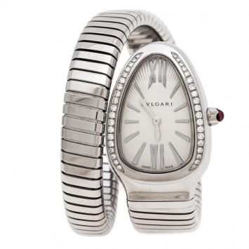 Pre Owned Bvlgari White Dial Stainless Steel Diamond Bezel Serpenti Women'S Watch 35MM