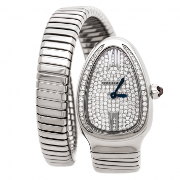 Pre Owned Bvlgari Diamond Pave 18K White Gold Serpenti Tubogas 102005 Women's Wristwatch 35 mm