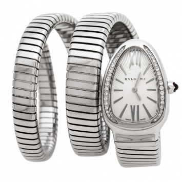 Pre Owned Bvlgari Silver Opaline Guilloché Soleil Stainless Steel Diamond Serpenti Tubogas 101910 Women's Wristwatch 35 mm