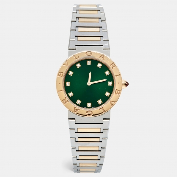 Pre Owned Bvlgari Green 18K Rose Gold Stainless Steel Diamond Bvlgari Bvlgari 103202 Women's Wristwatch 33 mm
