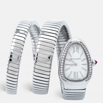 Pre Owned Bvlgari Silver Opaline Guilloché Soleil Stainless Steel Diamond Serpenti Tubogas 101910 Women's Wristwatch 35 mm