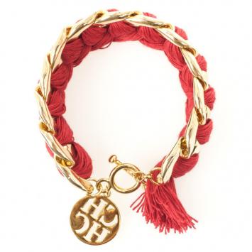 Pre Owned Carolina Herrera Red Cotton Gold Plated Bracelet 