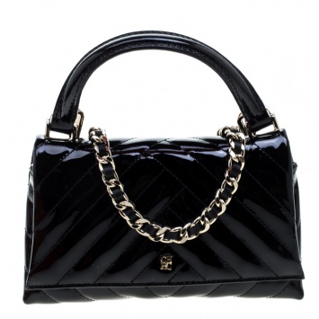 Pre Owned Carolina Herrera Black Quilted Patent Leather Top Handle Bag