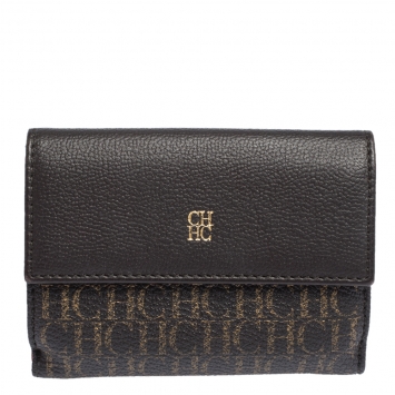 Pre Owned Carolina Herrera Dark Brown Monogram Coated Canvas and Leather Flap Compact Wallet