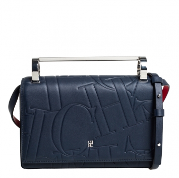 Pre Owned Carolina Herrera Navy Blue/Red Embossed Leather Insignia Flap Top Handle Bag
