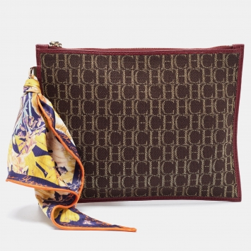 Pre Owned Carolina Herrera Burgundy/Dark Brown Monogram Canvas and Leather Flat Pouch