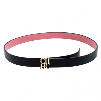 Pre Owned Carolina Herrera Black Leather CHHC Buckle Belt 80CM