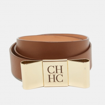 Pre Owned Carolina Herrera Brown Leather CH Metal Bow Waist Belt 80CM