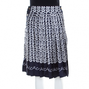 Pre Owned Carolina Herrera Indigo Nautical Print Silk Pleated Skirt XS