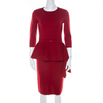 Pre Owned Carolina Herrera Red Stretch Wool Peplum Dress S