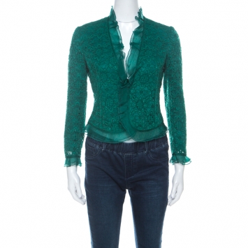 Pre Owned Carolina Herrera Green Lace & Silk Ruffle Trimmed Crystal Button Jacket S