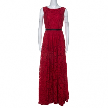 Pre Owned Carolina Herrera Red Floral Lace Black Strap Detail Gown M
