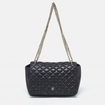 Pre Owned Carolina Herrera Black Quilted Leather Flap Chain Shoulder Bag