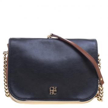 Pre Owned Carolina Herrera Black/Brown Leather New Baltazar Flap Shoulder Bag