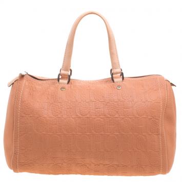 Pre Owned Carolina Herrera Peach Monogram Leather Andy Boston Bag