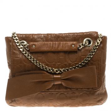 Pre Owned Carolina Herrera Brown Monogram Leather Audrey Shoulder Bag