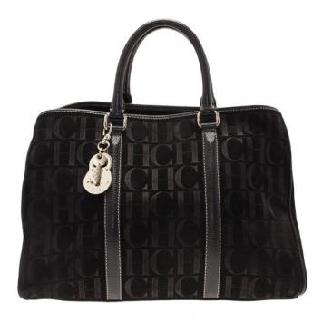 Pre Owned Carolina Herrera Black Monogram Leather Tote