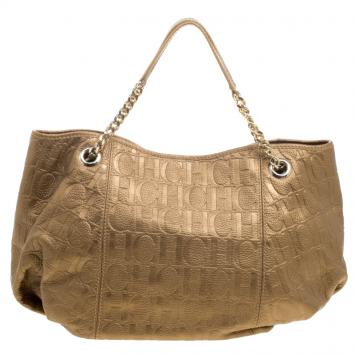 Pre Owned Carolina Herrera Metallic Gold Embossed Leather Poppy Hobo