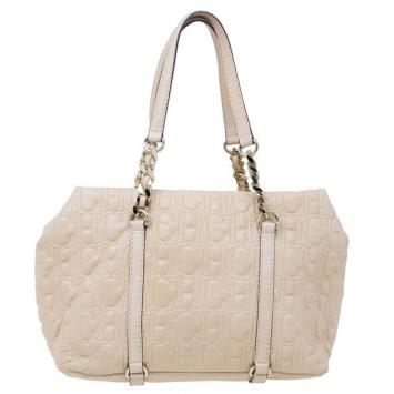 Pre Owned Carolina Herrera Beige Monogram Embossed Tote