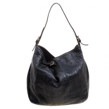 مملوكة مسبقًا Carolina Herrera Black Monogram Leather Balmoral Hobo