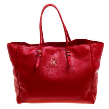 Pre Owned Carolina Herrera Red Monogram Leather Shopper Tote