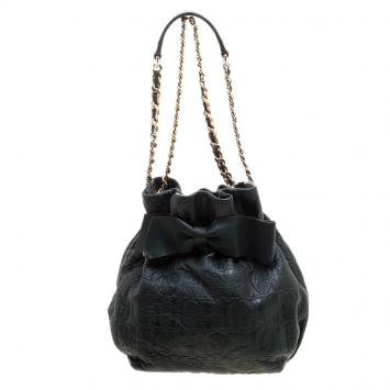 Pre Owned Carolina Herrera Dark Green Embossed Leather Bow Bucket Shoulder Bag
