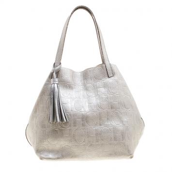 Pre Owned Carolina Herrera Silver Monogram Leather Matryoshka Tote