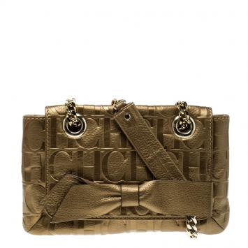 Pre Owned Carolina Herrera Gold Monogram Leather Audrey Shoulder bag