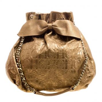 Pre Owned Carolina Herrera Gold Monogram Embossed Leather Bow Bucket Shoulder Bag