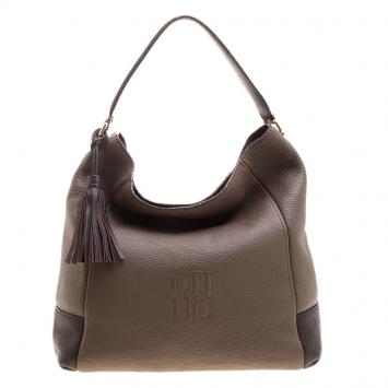 Pre Owned Carolina Herrera Khaki and Brown Leather Tassel Hobo