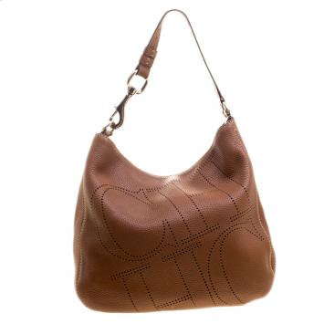 Pre Owned Carolina Herrera Brown Leather Perforated Logo Hobo