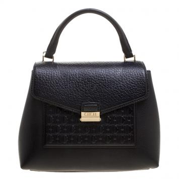 Pre Owned Carolina Herrera Black Monogram Leather Top Handle Bag