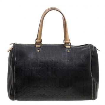 Pre Owned Carolina Herrera Black Monogram Leather Large Andy Boston Bag