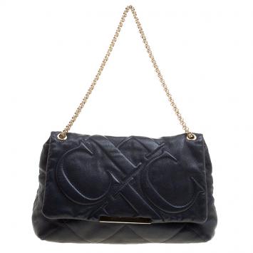 Pre Owned Carolina Herrera Navy Blue Quilted Leather Flap Chain Shoulder Bag