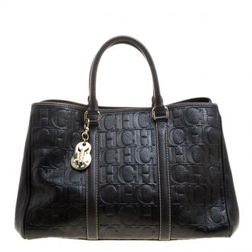 Pre Owned Carolina Herrera Black Monogram Leather Matteo Tote