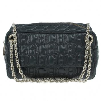 Pre Owned Carolina Herrera Black Leather Monogram Shoulder Bag