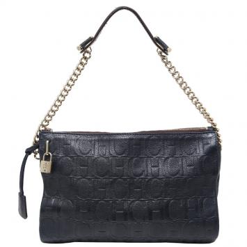 Pre Owned Carolina Herrera Black Monogram Embossed Leather Chain Shoulder Bag