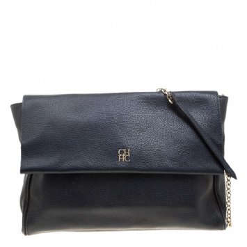 Pre Owned Carolina Herrera Navy Blue Leather Flap Shoulder Bag