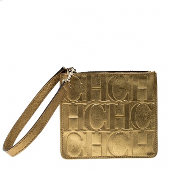 Pre Owned Carolina Herrera Gold Monogram Leather Wristlet Pouch