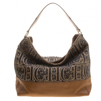 Pre Owned Carolina Herrera Black/Brown Monogram Wool/Canvas and Leather Hobo
